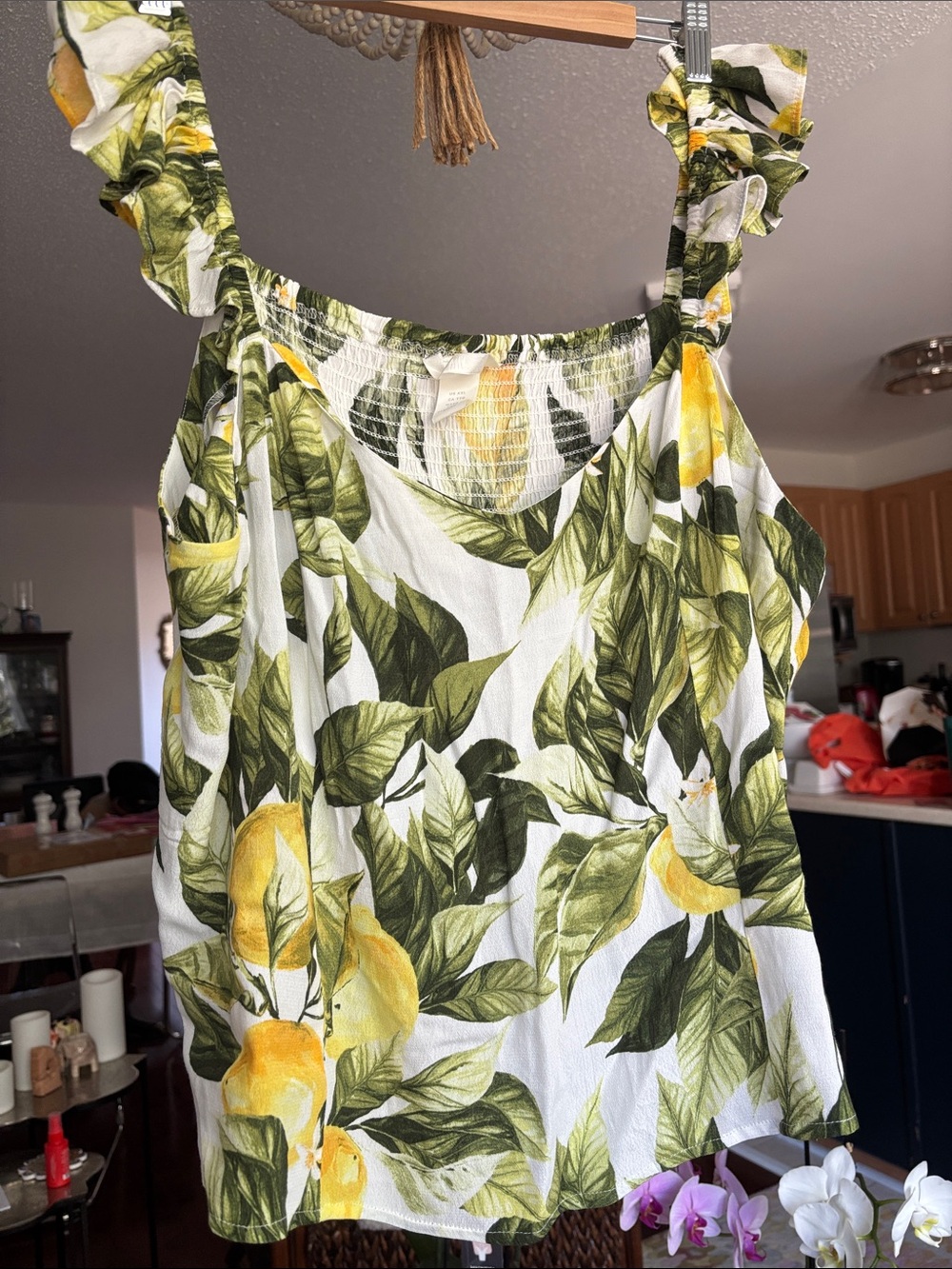 H&M White Lemon Print Ruffled Strap Camisole